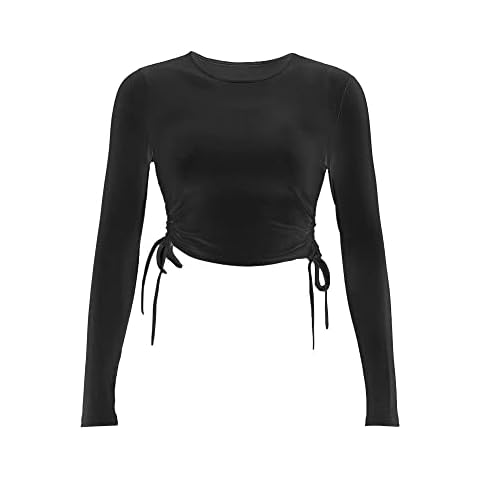 TOEECY Women's Basic Long Sleeve Crew Neck Fitted Crop Top Cotton Drawstring Side Slim Pullover Autumn Winter Plain Sexy Casual Fashion Tops Knit T Shirt (Black,L) Cover