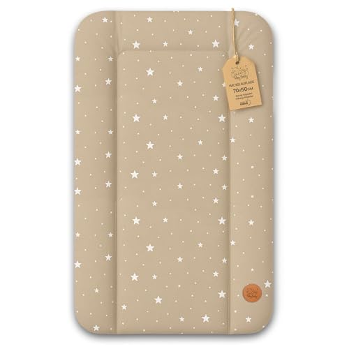 Cambiador bebe 70x50 cm - colchon impermeable portátil para comoda o lavadora cojin muda cómoda trocador fraldas colchón colchoneta fácil de limpiar Oeko-Tex Beige con estrellas blancas