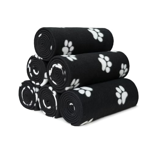 SeaBeauty Fleece Throw Blanket- Set of 6 Warm Cozy Paw Print Fleece Throw All Season Universal for Couch, Super Soft Pet-Friendly Lightweight Bulk Blanket 50 x 60 Inch Each Black (White Paw Print)
