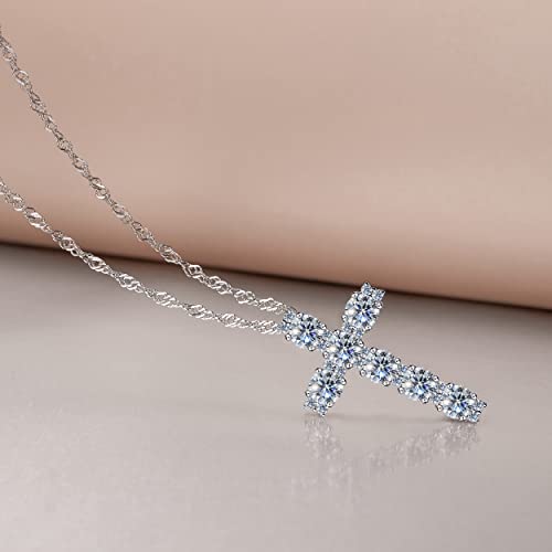 CannyCat Moissanite Cross Pendant Necklace for Women 4.0 mm 27 pieces 2.3 CTTW D-E-F color VVS Moissanite Cross Necklaces Platinum-Plated Sterling Silver 16+2” Chain Anniversary Womens Gift3