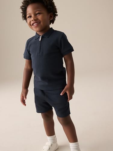 NEXT Jungen Standard Kurzarm-Polohemd mit Reißverschluss und Shorts Navy Textured 80-86