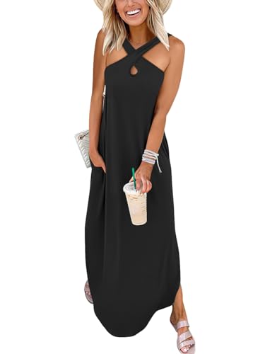 Image of ANRABESS Women's Casual Summer Maxi Dress Sexy Slit Side Sleeveless Loose Beach Long Sundress Vacation Outfits with Pockets Black X-Large