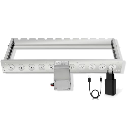 Andreas Dell Elektrischer Spießdreher BBQ Rotisserie Set mit regulierbaren Motor Edelstahl Grillaufsatz für Gas- Holzkohle- & Elektrogrill verstellbar breit 58 cm 220V + USB (Ohne 11 Spießen)