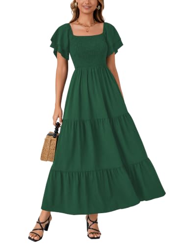 Image of LYANER Women's Square Neck Midi Dress | Summer Ruffle Short Sleeve Smocked Tiered Ruched Flowy A Line Party Casual Dresses