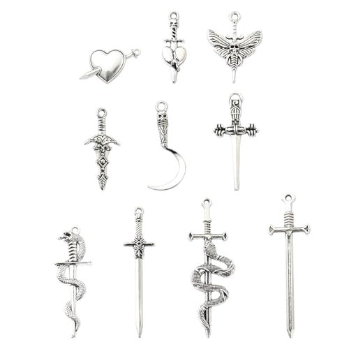 Stiesy 60Pcs 10 Styles Vintage Sword Charms Antique Silver Snake Sword Pendant Charm Tibetan Swords with Skull Heart Moth Charms for Jewellry Making DIY Bracelet Crafting