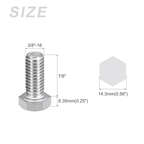 Image of METALLIXITY Hex Head Bolts (3 /8-16 x 7 /8 inch) 15Pcs, 304 Stainless Steel 18-8, Fully Threaded, External Hex Drive, Plain Finish, Hex Head Screw Bolt, Silver