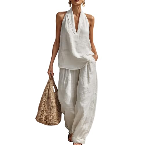 Two Piece Linen Sets for Women Sleeveless V Neck Halter Top Matching Wide Leg Pants Summer Lounge Set Vacation Outfits Pocket