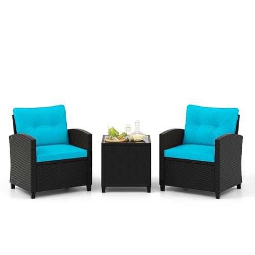 Image of Tangkula 3 Piece Patio Furniture, Rattan Conversation Set w /Soft Seat & Back Cushions, Tempered Glass Topped Coffee Table, Cushioned Wicker Seating Set for Backyard, Porch, Poolside