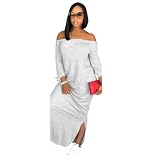 Women's Boho One Off Shoulder Batwing Long Sleeve Sides Split Plus Size T-Shirt Maxi Dress