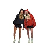 Women's y2k solid color loose hoodie long sleeved kangaroo pocket cow horn hat pullover (red,Large)