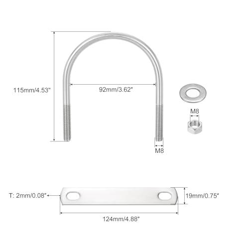 Image of uxcell Round U-Bolts, 8 Sets 92mm(3.62 inch) Inner Width 115mm Length M8 304 Stainless Steel U Clamp Bolt with Nuts and Plates, for Boat Trailer