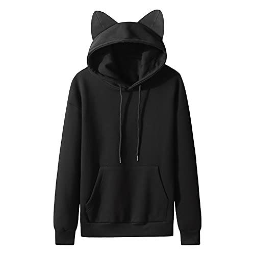 Kawaii Hooded Sweatshirts Cute Cat Ears Hoodies for Men Casual Plain Pullover Drawstring Pocketed Coat Jacket
