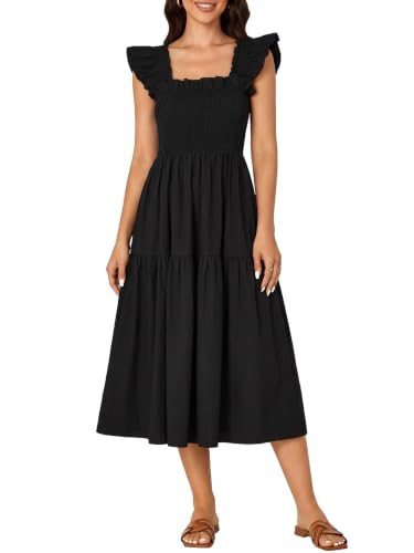Rooscier Women's A Line Sleeveless Smocked Ruffle Midi Dress Square Neck Backless Sundress Solid Black X-Small