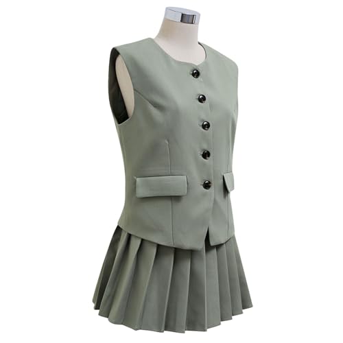 CHICWISH Women Summer 2 Piece Outfits Button Down V Neck Sleeveless Vest Blazer Waistcoat and Pleated Mini Dress Set4