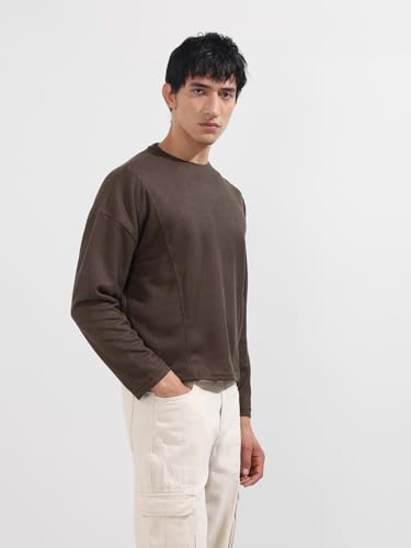 Image of The Indian Garage Co Men Boxy Textured Full Sleeves Crew Neck T-Shirt