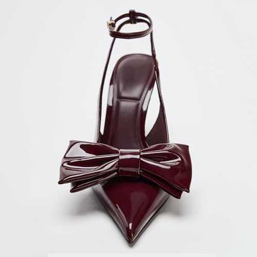 Goolita Bow Burgundy Slingback Heels for Women, Pointed Toe Buckle Ankle Strap Patent Leather Cherry Red Pumps Sexy Stiletto High Heels Shoes3