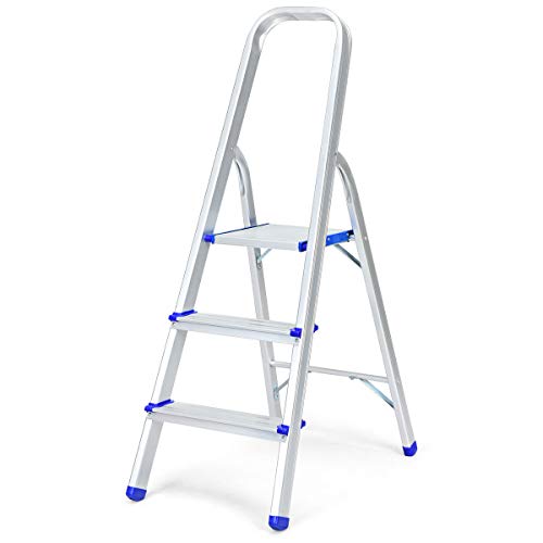 GOPLUS Trittleiter, Klappleiter aus Alu, Sicherheitsleiter mit Plattform und Handlauf, Haushaltstritt Belastbar bis zu 150Kg, Rutschfest, Klappbar, Einfache Lagerung, Silbrig (3 Stufen)