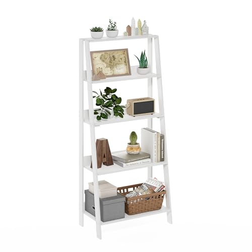 Image of Furinno Ladder Bookcase Display Shelf, 5-Tier, White | 13 x 23.6 x 53.5, Open Frame Design Bookshelf, Display Storage Shelves, for Living Room, Home Office