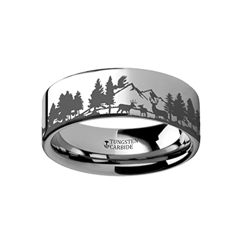 Alliance tungstène homme bague motif montagne cerf renne anneau confort 4mm 12mm