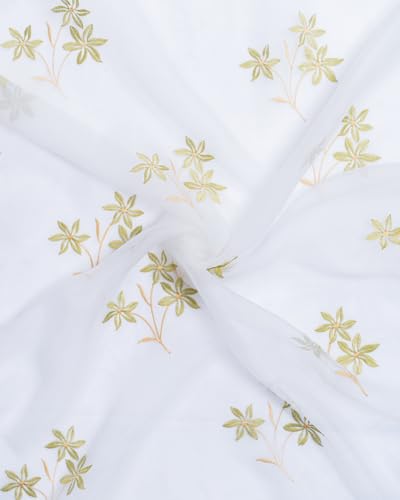 Image of 5 Ft Golden & Green Floral Sheer Tissue Curtain with Embroidery, Grommet Top, 152 L x 121 W cm, For Home, Bedroom, Bathroom