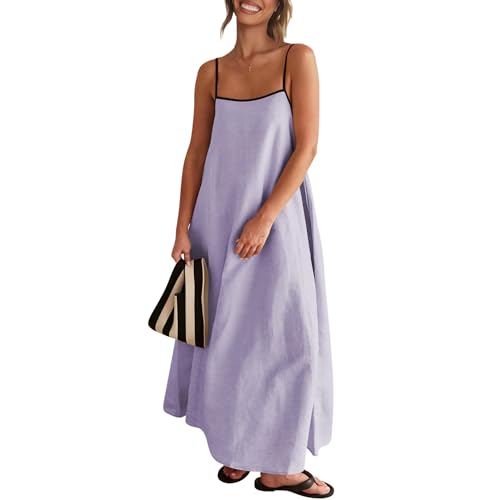 Image of Senllen Women's Linen Dress Summer Loose Flowy Sundress Contrast Spaghetti Strap Sleeveless Backless Beach Maxi Long Dresses