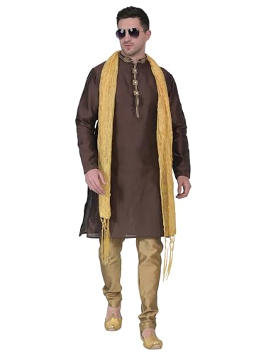 Image of ITOS365 Men's Tunic Art Silk Kurta Pajama and Scarf Suit Set Indian Clothing Wedding Party Dress Gifts Items