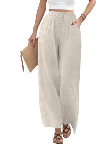 Buauty Wide Leg Linen Pants Women Plus Size Palazzo Pants High Waisted Lounge Pants Casual Comfy Flowy Beach Summer Trousers Apricot