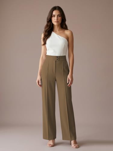 Image of GRECIILOOKS Korean Style Trousers | High Waist Wide Leg Formal Pants | Ankle Length Stretchable Office Wear | Button Closure Straight Fit | Regular Fit Pants for Women