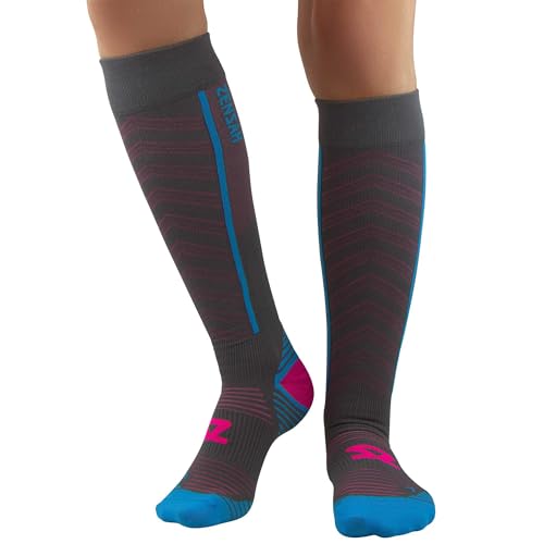 Zensah Featherweight Compression Socks - Ultra-Lightweight Running Compression Socks for Women, Men (Small, Slate/Neon Pink)