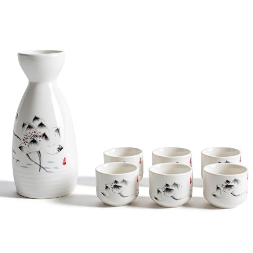7 pcs Japanese Sake Set,Ceramic Sake Pot and Sake Cups,Traditional Pottery Tumbler Set with 1 Carafe and 6 Cups for Hot or Iced Sake, Dishwasher Safe(Lotus)