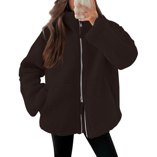 Winter Jackets for Women UK Full Zip Fleece Coats Ladies Fall Drawstring Solid Color Teddy Hooded Cardigan Warm Casual Loose Long Sleeve Fuzzy Sherpa Outwear with Pockets Brown XL