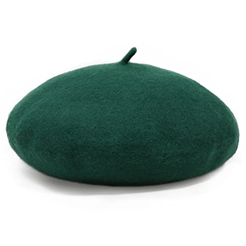 Women French Wool Beret Hats - Solid Color Classic Beanie Winter Cap (Thicker-Dark Green)