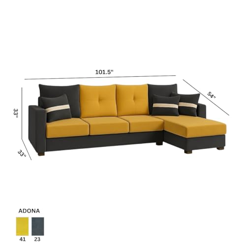 Image of CASASTYLE Vogue 5 Seater Fabric RHS L Shape Sofa Set (Yellow-Dark Grey) Velvet Finish | Comfortable Sectional Sofa for Living Room