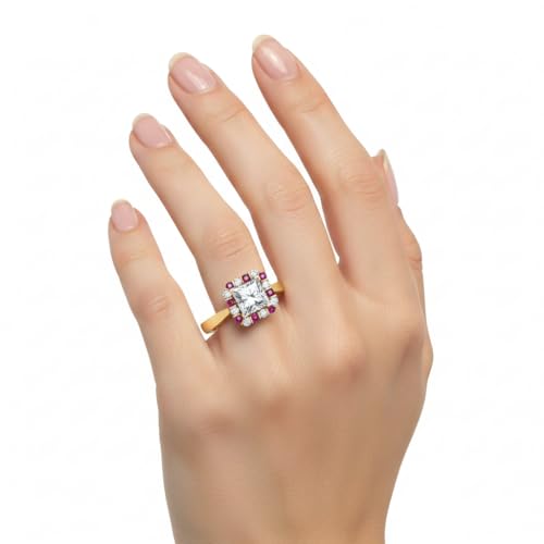 Image of Choose Your Gemstone Floating Halo Diamond CZ Ring Yellow Gold Plated Princess Shape Halo Engagement Rings Everyday Jewelry Wedding Jewelry Handmade Gifts for Wife US Size 4 to 12