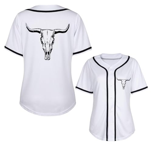 Camisa de beisebol feminina com estampa de caveira de vaca vintage western country concerto camisa c