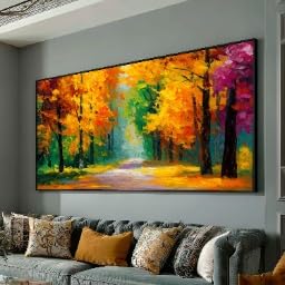 XINBAO Lienzo con sendero forestal otoñal, arte mural con árboles otoñales coloridos, estilo óleo, decoración de paisaje natural, listo para colgar (55 x 110 cm/marco interior)