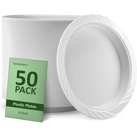 50 Count 6" White Plastic Plates Disposable Heavy Duty for Weddings, Parties, and Outdoor Events – Big Round Dinnerware Set for Full Meals, Picnics, BBQ, Office, Kids Birthday – Bulk 6 Inch Plates Cover