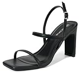 ALICEPUB Black Strappy Heels for Women - Square Open Toe Heels, 3inch Chunky Heeled Sandals for Women Summer Party, Size 8