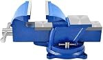 6" Vise de banc lourd, vices de banc de tuyau avec enclume de table pivotante de haut de serrage de base, double pivotant pivote tête et corps rotés 360°(Bleu)