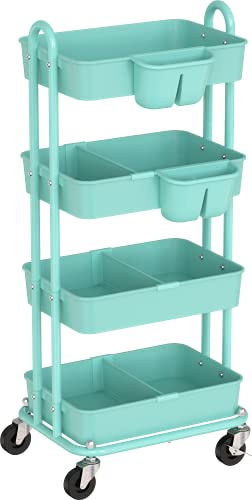 Image of SimpleHouseware 4-Tier Multifunctional Rolling Utility Cart with Basket Dividers and Hanging Buckets, Turquoise