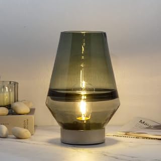 MJ PREMIER Battery Operated Table Lamps, Solid Glass Cordless Table Lamp for Home, Grey Mouth Blown Battery Powered Lamp for Living Room/Bathroom/Entryway
