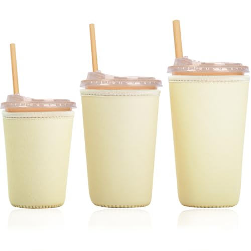 Image of Reusable Insulated Sleeve for Iced Coffee Cup, 3-Pack Coffee Neoprene Drink Sleeve for Cold & Hot Drinks, Beverage Holder for Iced Coffee (Creamy Yellow)