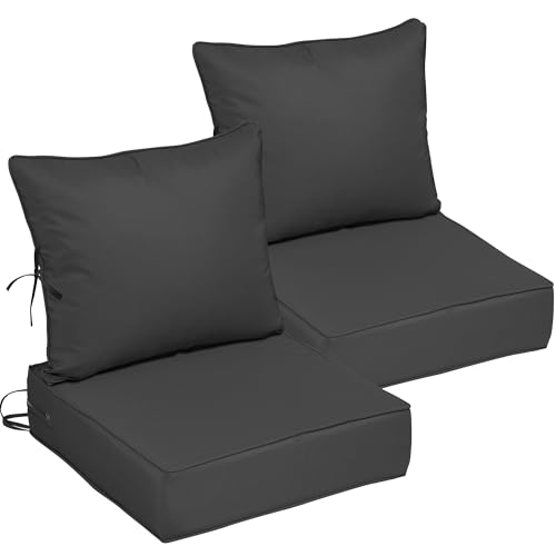 Image of 22x24 Outdoor Chair Cushions Set of 2, Waterproof Deep Seat Cushions for Patio Furniture with Removable Cover, Fade Resistant 4'' Outdoor Seat Cushion w /Ties&Handle for Sofa Loveseat,Black