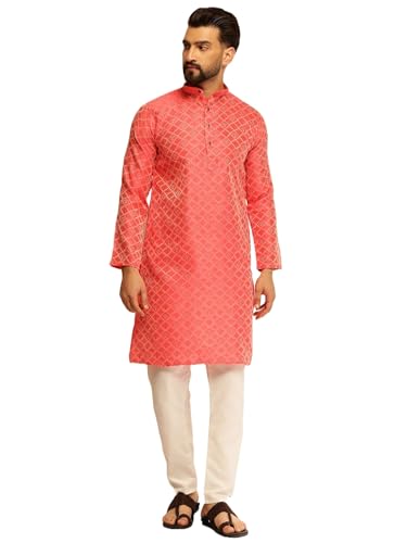 Image of SOJANYA (Since 1958 Men's Jacquard Silk Woven Motifs Kurta With White Pyjama