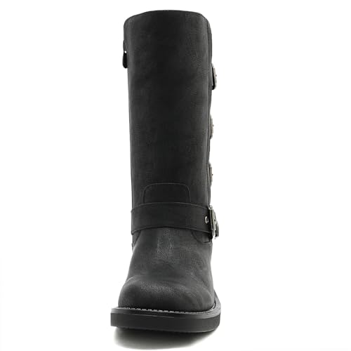 Image of GLOBALWIN Chunky Mid Calf Fashion Dressy Motocycle Biker Military Style Combat Boots for Women Low Heel