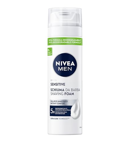 NIVEA MEN Sensitive Schiuma da Barba 200 ml, Shaving foam anti-irritazioni per la rasatura della pelle sensibile, Con Camomilla e Vitamina E, Skincare uomo per un sollievo immediato, Senza alcool