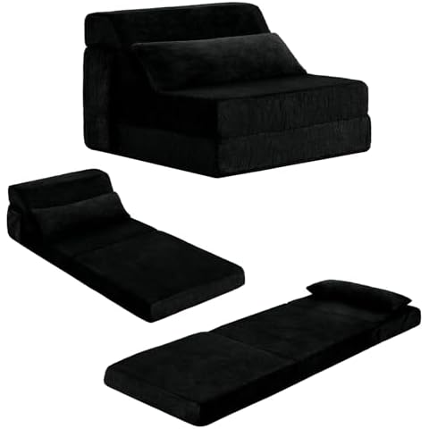 Tiita Folding Sofa Bed with Pillow Single Size Mattress&Plush Fabric with Portable Storage Bag,Floor Lounger Chair Bed for Living Room,Guest Room,Dorm,Apartment,Upstairs Loft,Home Office,Black Cover
