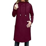 Stile: base e classico Vestito Casual in Pile per le Donne Comodo e Morbido Vestibilità Larga, Abiti Invernali Maniche Lunghe Tunica Maglione Lungo Abito Tipo Felpa con Collo Alto e Cappuccio, rosso, XXL