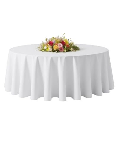 BESTVIP 60 Inch White Washable Round Polyester Fabric Tablecloths | Fits 20"-48" Tables |Decorative Fabric Table Cover for Dining Tables, Restaurant, Parties, Banquet, Events, Holiday