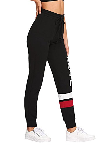 SweatyRocks Women's Drawstring Waist Long Yoga Active Workout Letter Print Pant with Pocket Letter Black X-Small